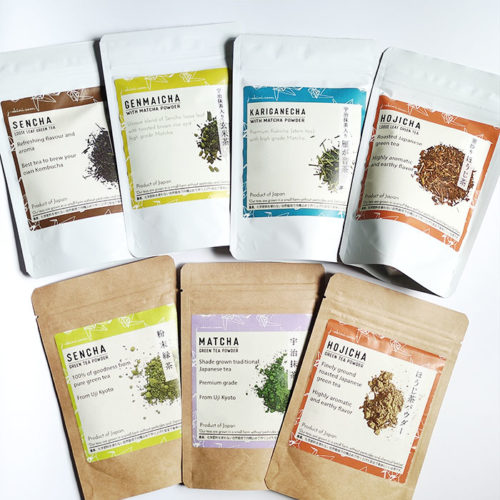 Seven Japanese teas bundle featuring premium Matcha, Sencha, Genmaicha, Kariganecha, and Hojicha in powder and loose-leaf form. Grown on a pesticide-free farm. Available at j-okini.com.