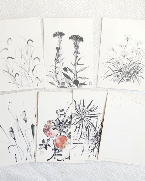 Vintage Showa-era Sumi-e postcard with traditional Japanese ink painting, aged paper, and natural yellowing, available as a free collectible item.